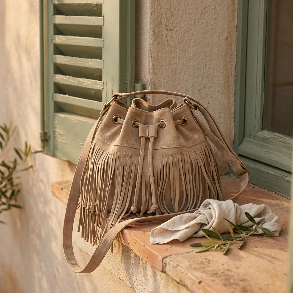 Khaki tan suede fringe bucket bag styled in a warm Mediterranean setting