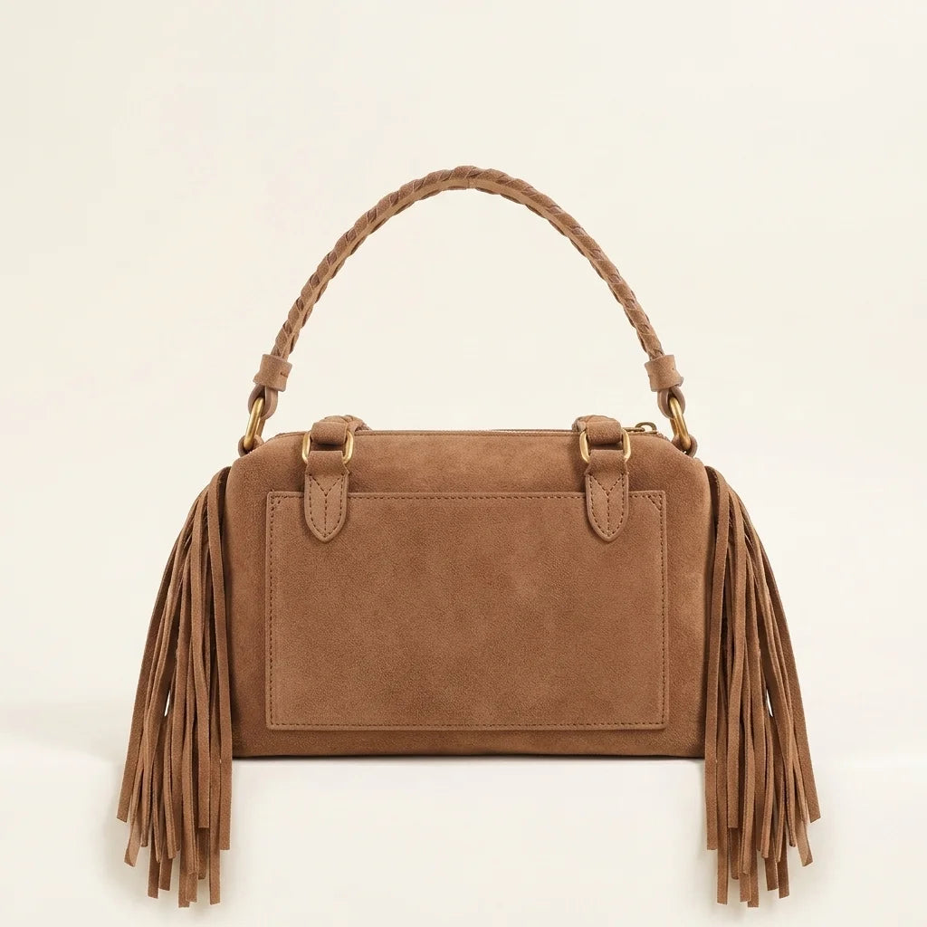 Back panel of Brown tan suede fringe clutch bag with strap attachments