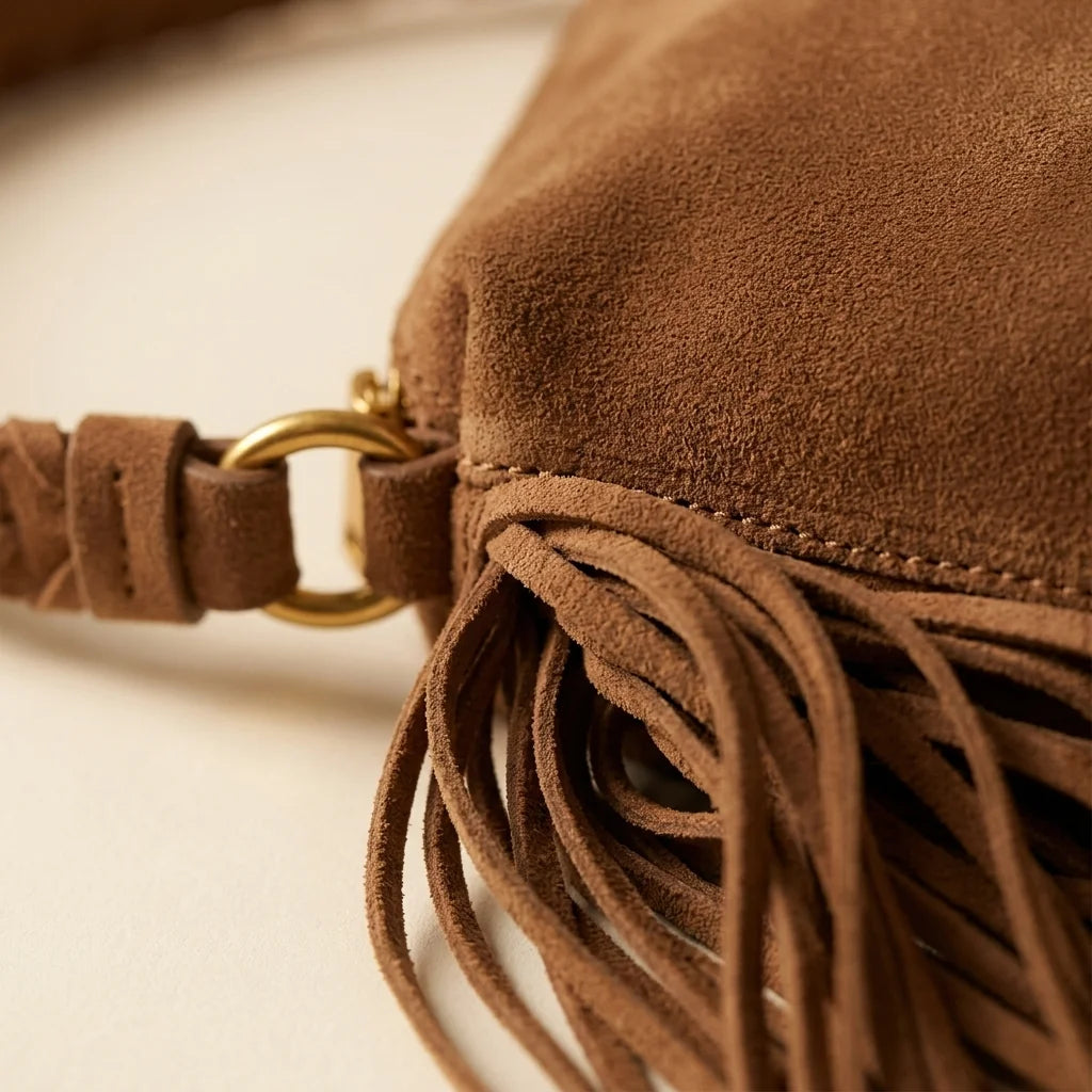 Close-up of fringe stitching and texture on Brown tan suede fringe clutch bag