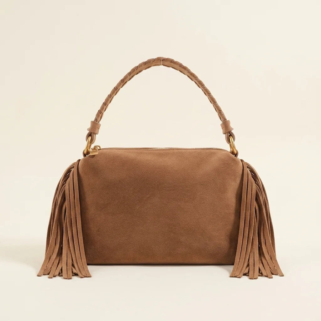 Brown tan suede fringe clutch bag, front view