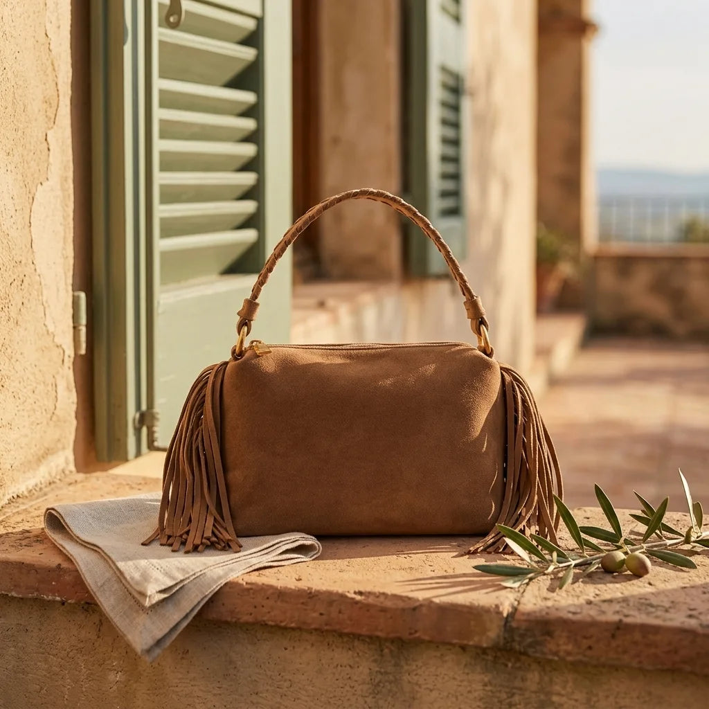 Brown tan suede fringe clutch bag styled in a warm Mediterranean setting