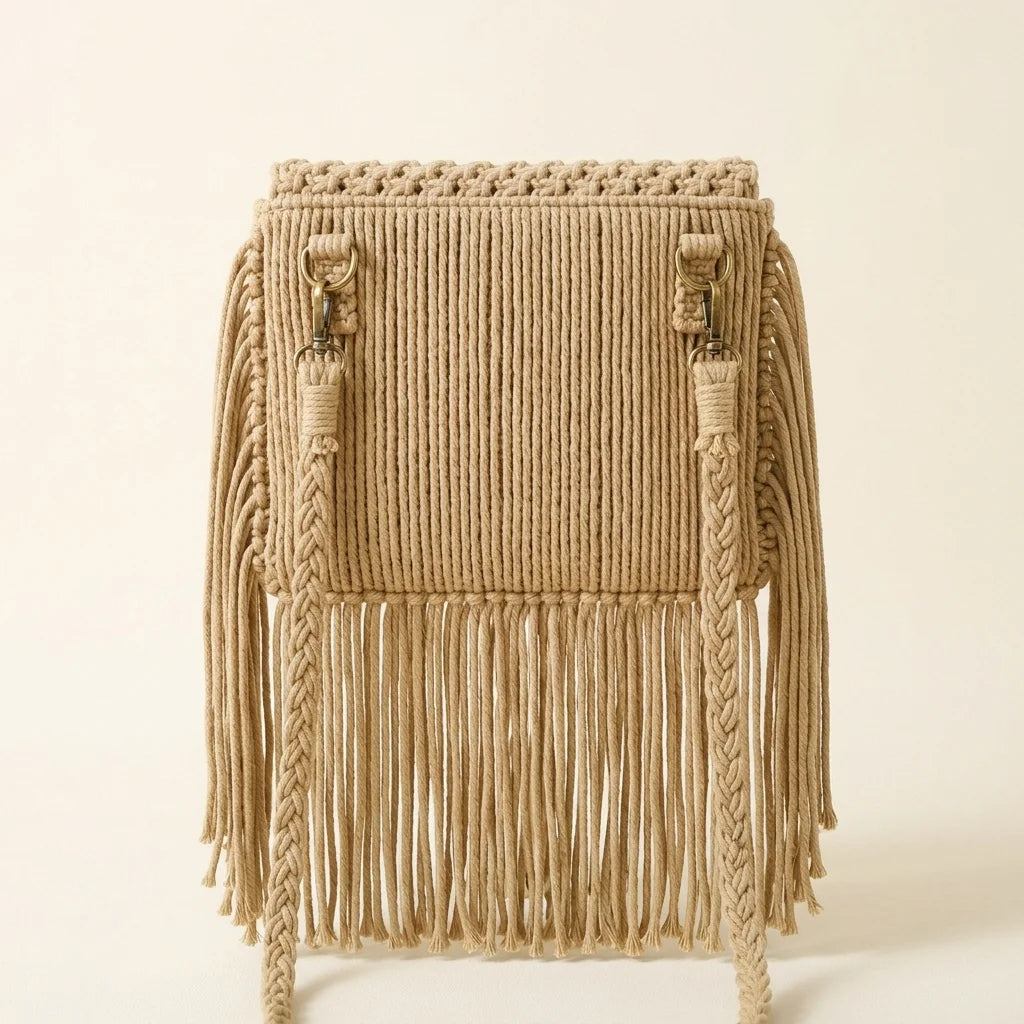 Back panel of Beige tassel fringe clutch bag with strap attachments