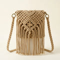 Beige tassel fringe clutch bag, front view