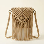 Beige tassel fringe clutch bag, front view