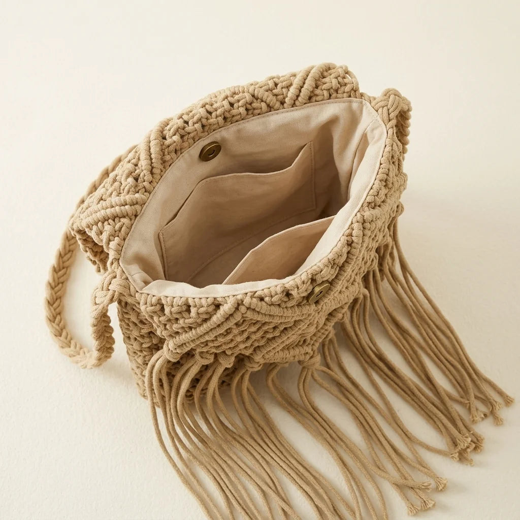 Interior lining and pockets of Beige tassel fringe clutch bag