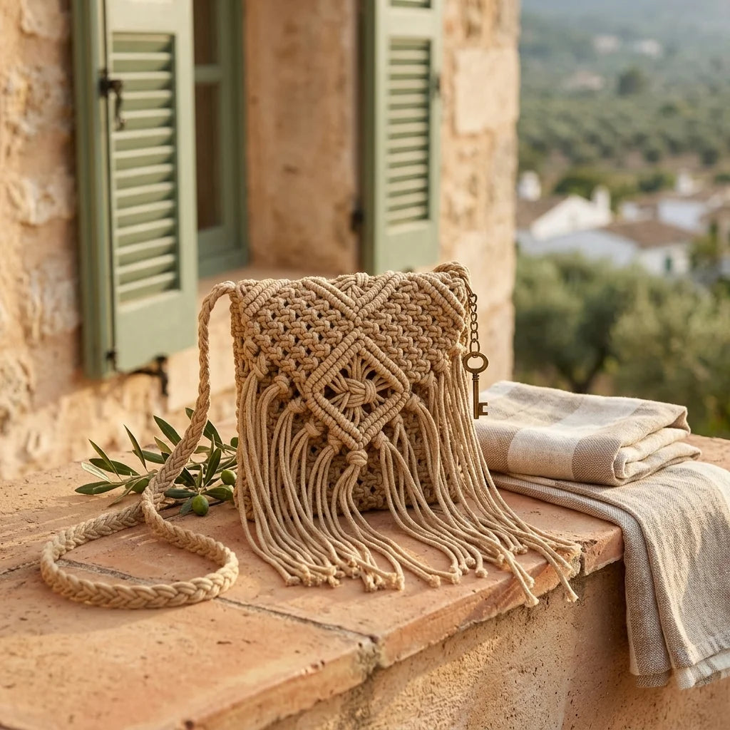 Beige tassel fringe clutch bag styled in a warm Mediterranean setting