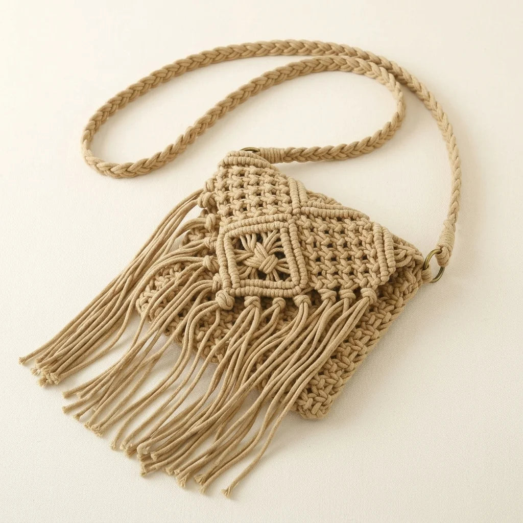 Beige tassel fringe clutch bag, three-quarter angle showing side depth