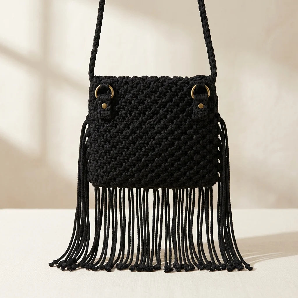 Back panel of Black tassel fringe clutch bag with strap attachments