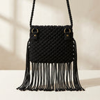 Back panel of Black tassel fringe clutch bag with strap attachments