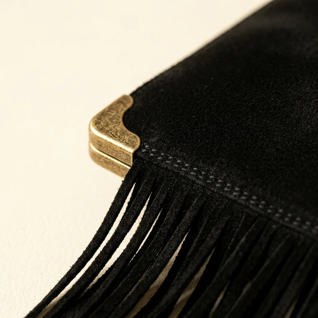 Close-up of fringe stitching and texture on Black tassel fringe clutch bag