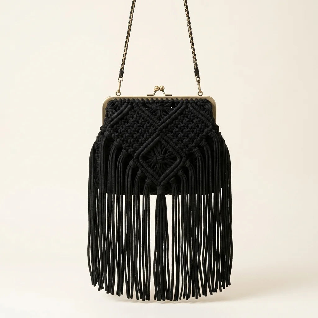 Black tassel fringe clutch bag, front view