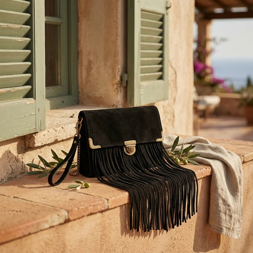 Black tassel fringe clutch bag styled in a warm Mediterranean setting