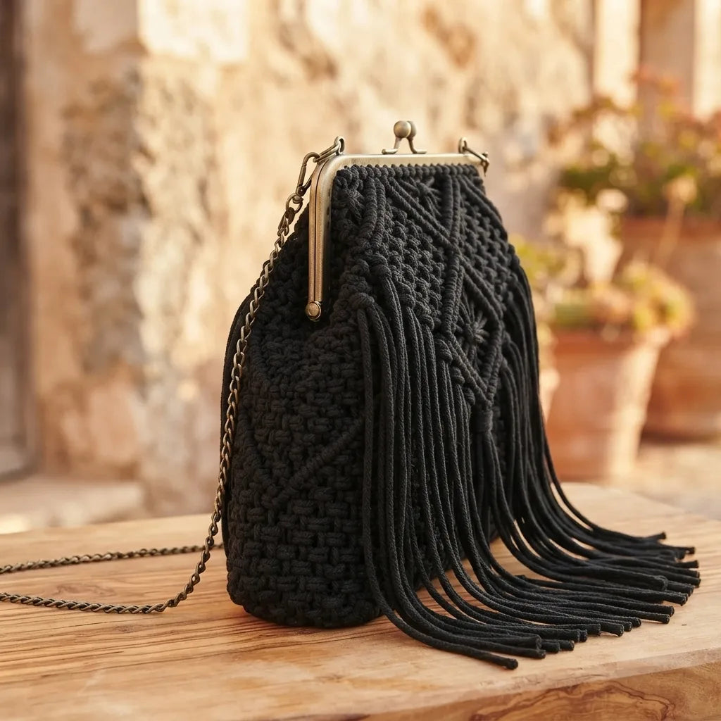 Black tassel fringe clutch bag, three-quarter angle showing side depth