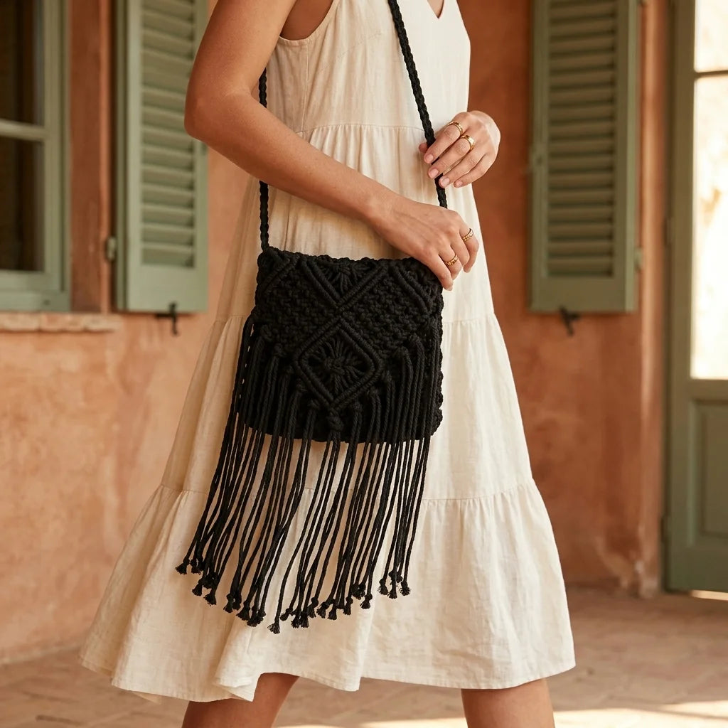 Woman wearing Black tassel fringe clutch bag with swaying fringe