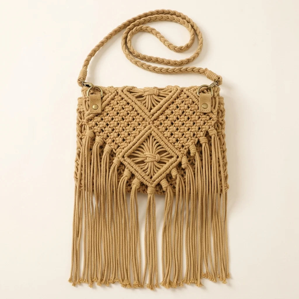Back panel of Khaki tassel fringe clutch bag with strap attachments