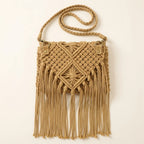 Back panel of Khaki tassel fringe clutch bag with strap attachments