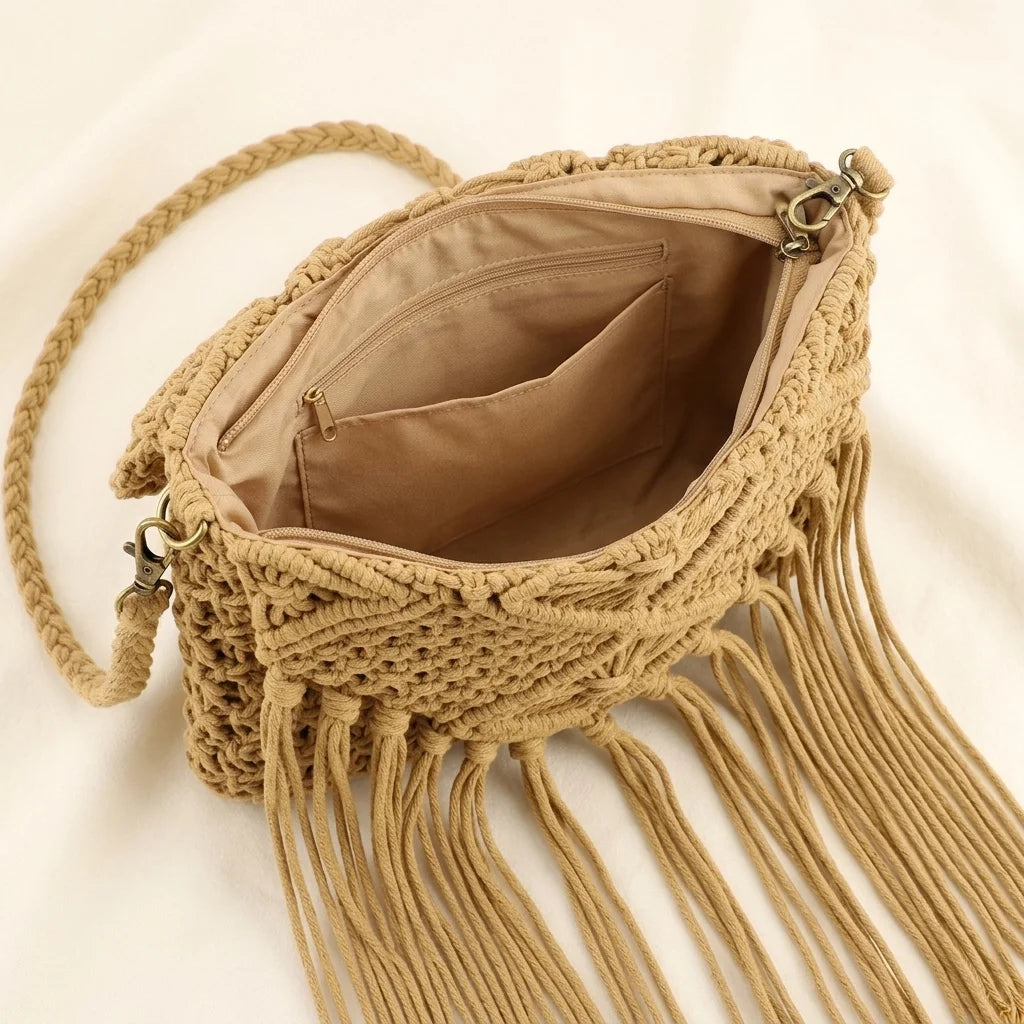 Interior lining and pockets of Khaki tassel fringe clutch bag