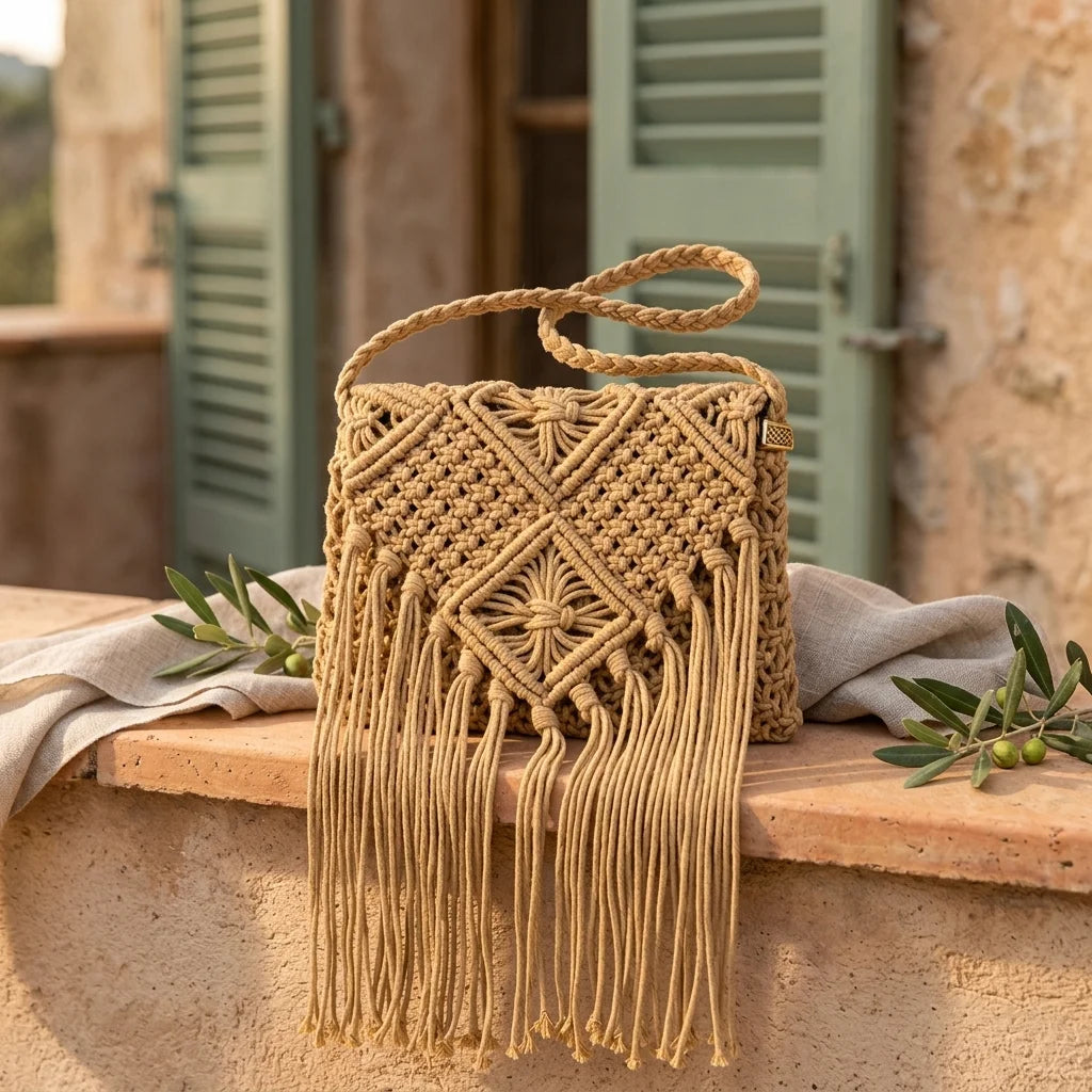 Khaki tassel fringe clutch bag styled in a warm Mediterranean setting
