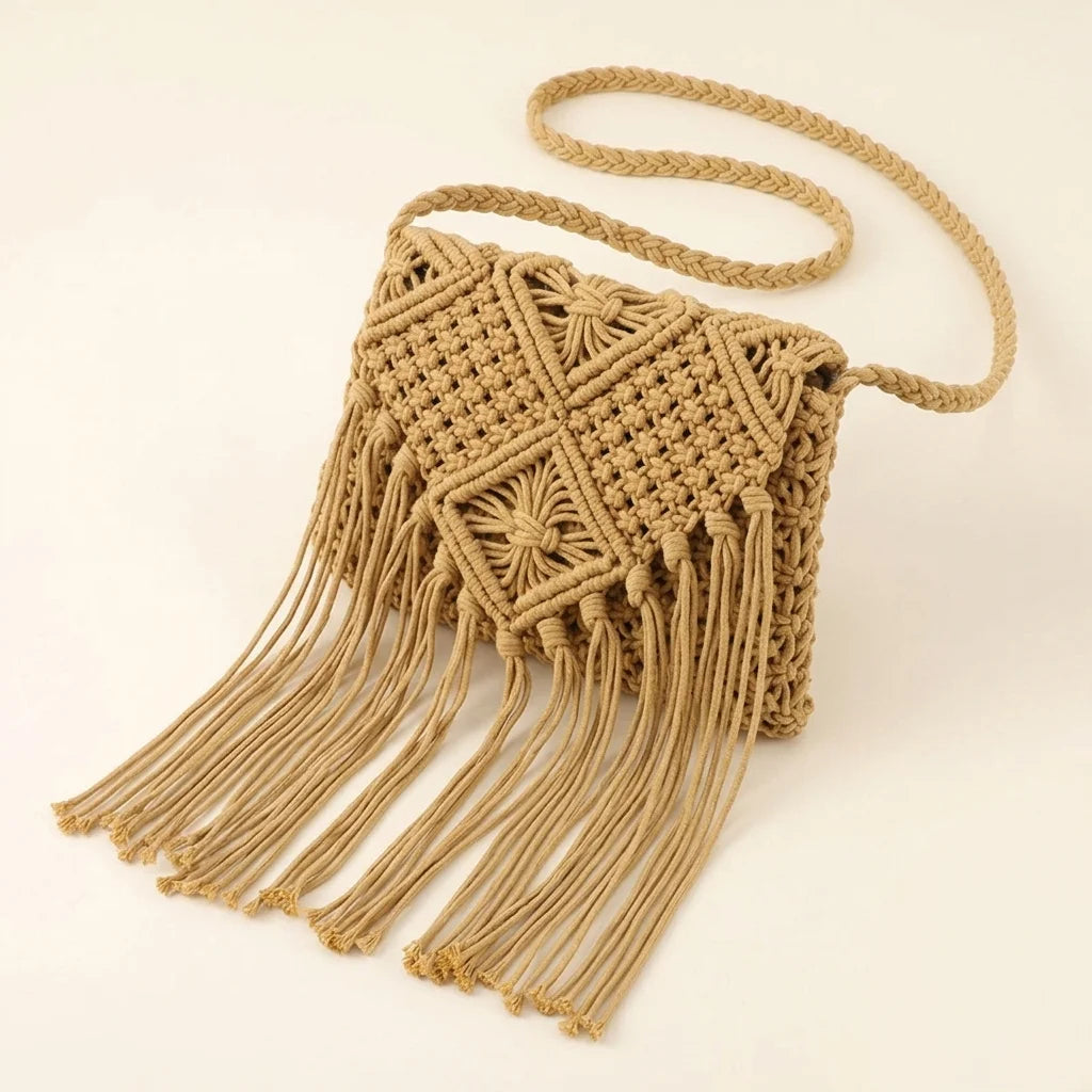 Khaki tassel fringe clutch bag, three-quarter angle showing side depth