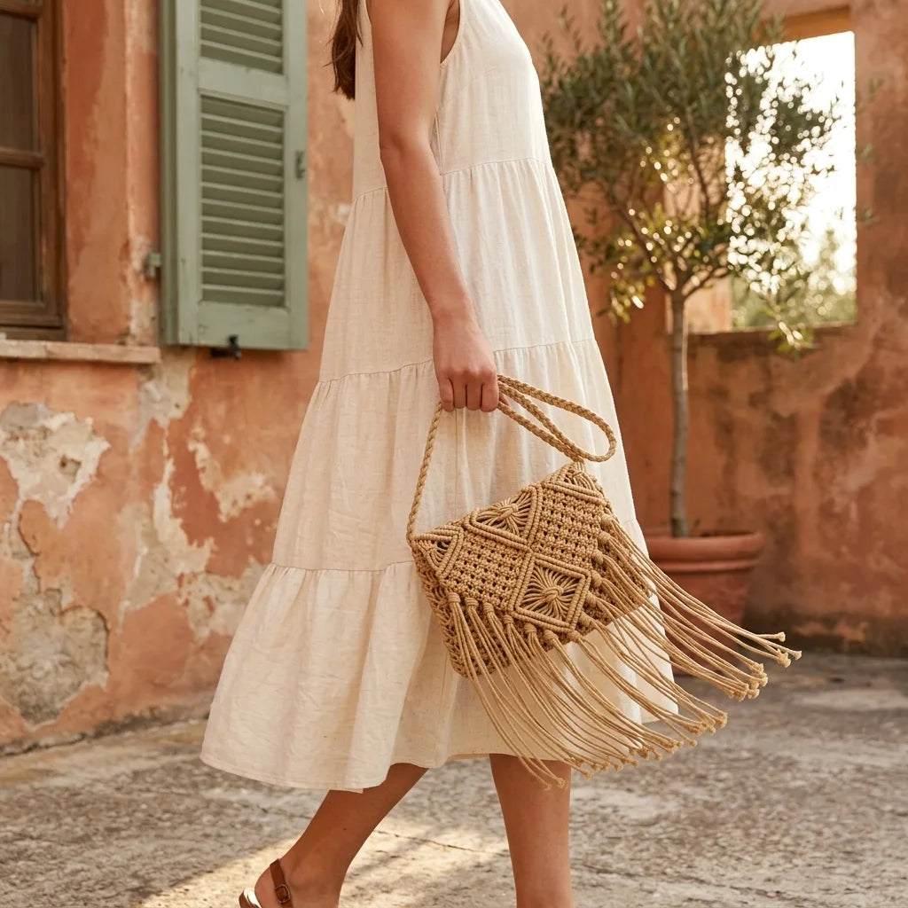 Woman wearing Khaki tassel fringe clutch bag with swaying fringe