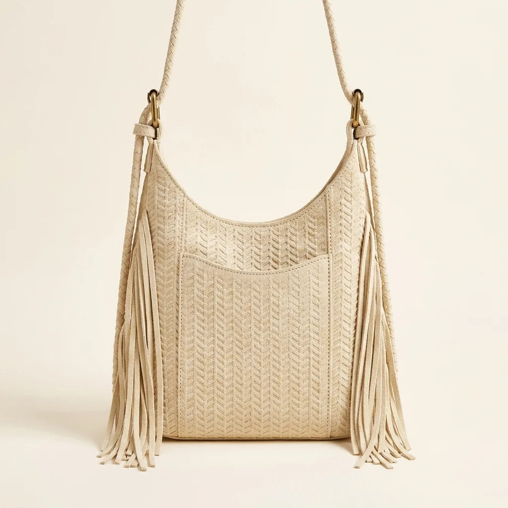 Back panel of Beige tassel fringe hobo bag with strap attachments