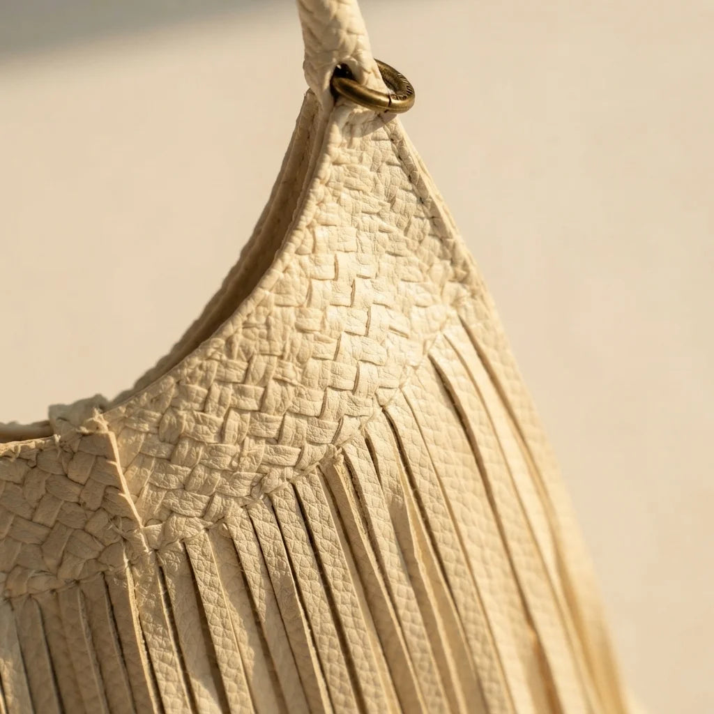 Close-up of fringe stitching and texture on Beige tassel fringe hobo bag