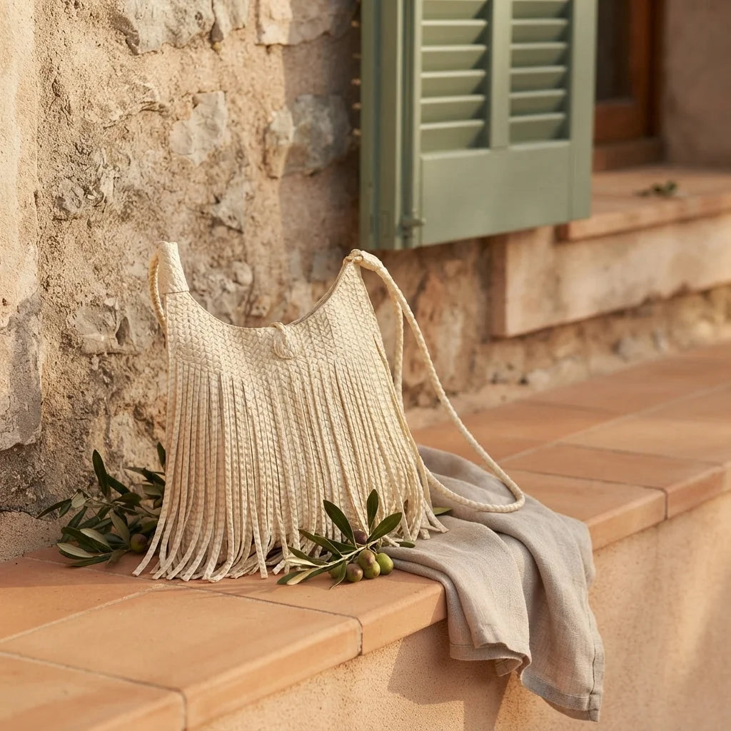 Beige tassel fringe hobo bag styled in a warm Mediterranean setting