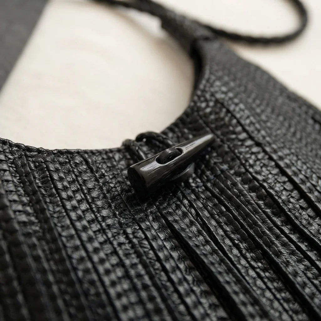 Close-up of fringe stitching and texture on Black tassel fringe hobo bag