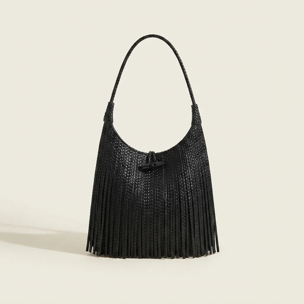 Black tassel fringe hobo bag, front view