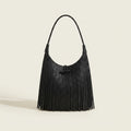 Black tassel fringe hobo bag, front view