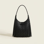 Black tassel fringe hobo bag, front view