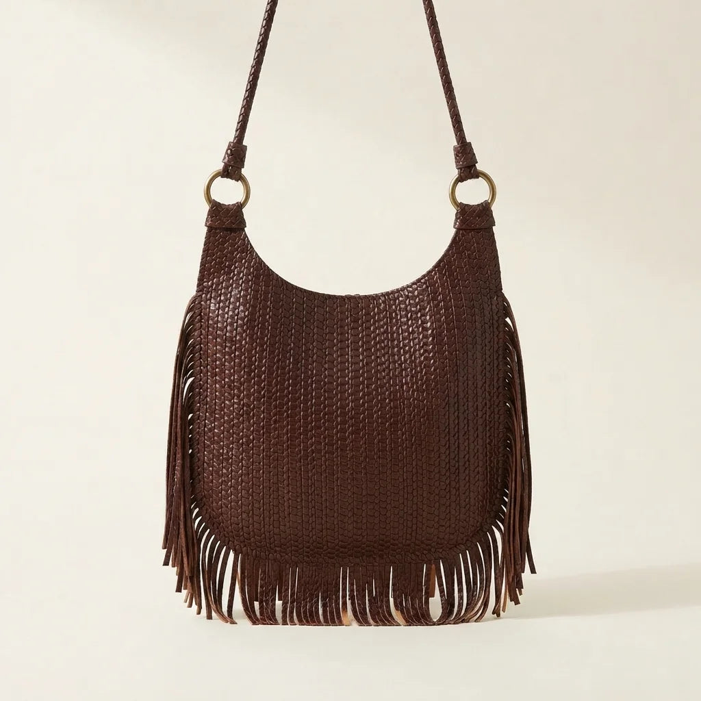 Back panel of Coffee tassel fringe hobo bag with strap attachments