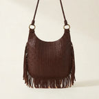 Back panel of Coffee tassel fringe hobo bag with strap attachments