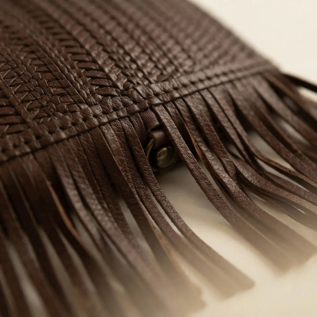 Close-up of fringe stitching and texture on Coffee tassel fringe hobo bag
