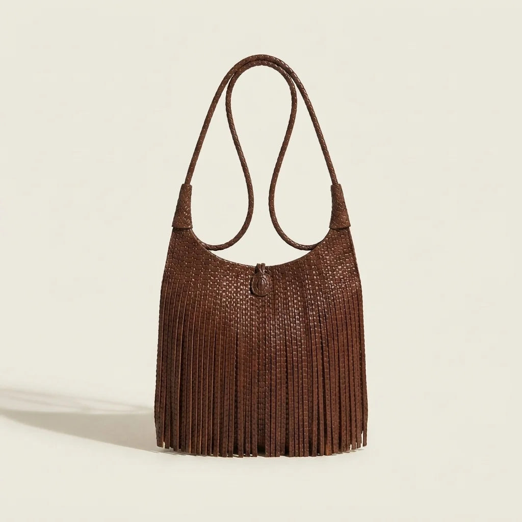 Coffee tassel fringe hobo bag, front view