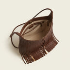 Interior lining and pockets of Coffee tassel fringe hobo bag