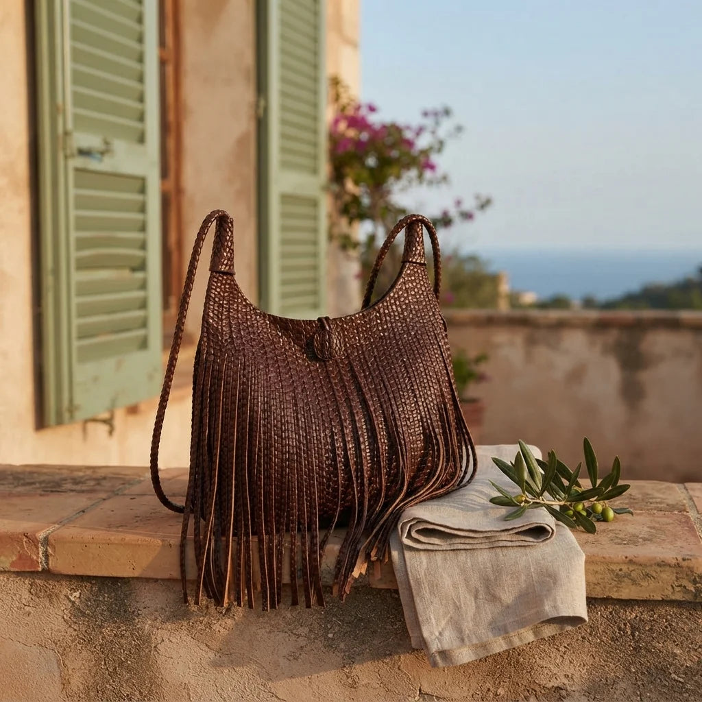 Coffee tassel fringe hobo bag styled in a warm Mediterranean setting