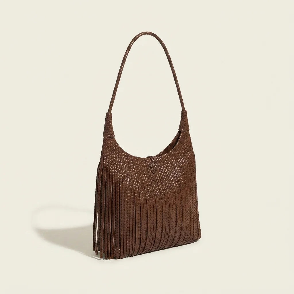 Coffee tassel fringe hobo bag, three-quarter angle showing side depth
