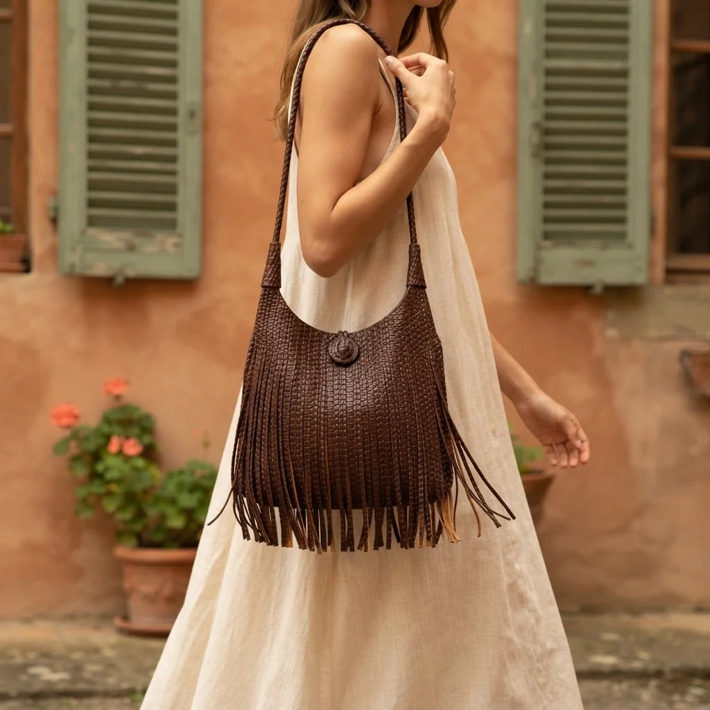 Woman wearing Coffee tassel fringe hobo bag with swaying fringe