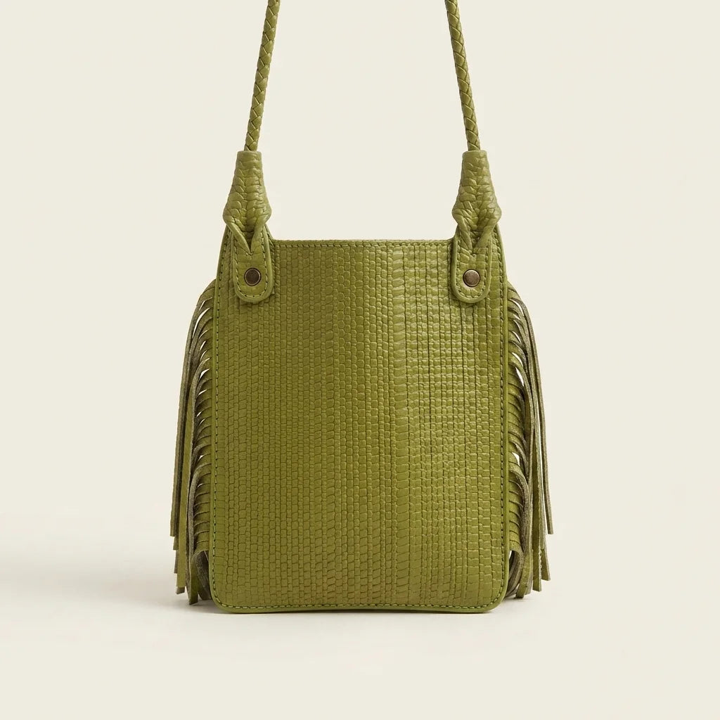 Back panel of Green tassel fringe hobo bag with strap attachments