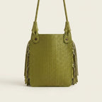 Back panel of Green tassel fringe hobo bag with strap attachments