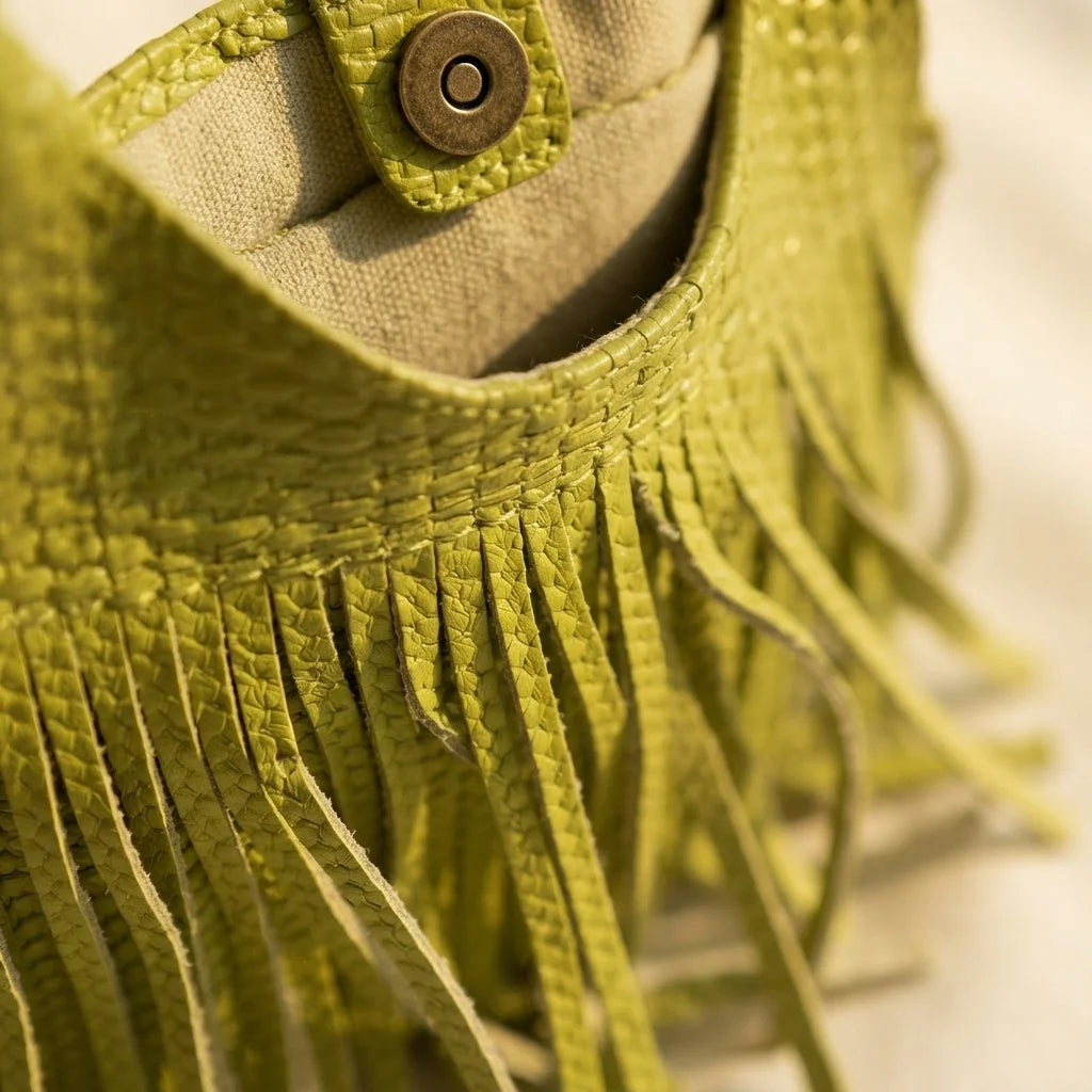 Close-up of fringe stitching and texture on Green tassel fringe hobo bag