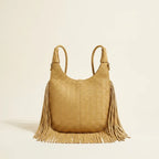 Back panel of Khaki tassel fringe hobo bag with strap attachments