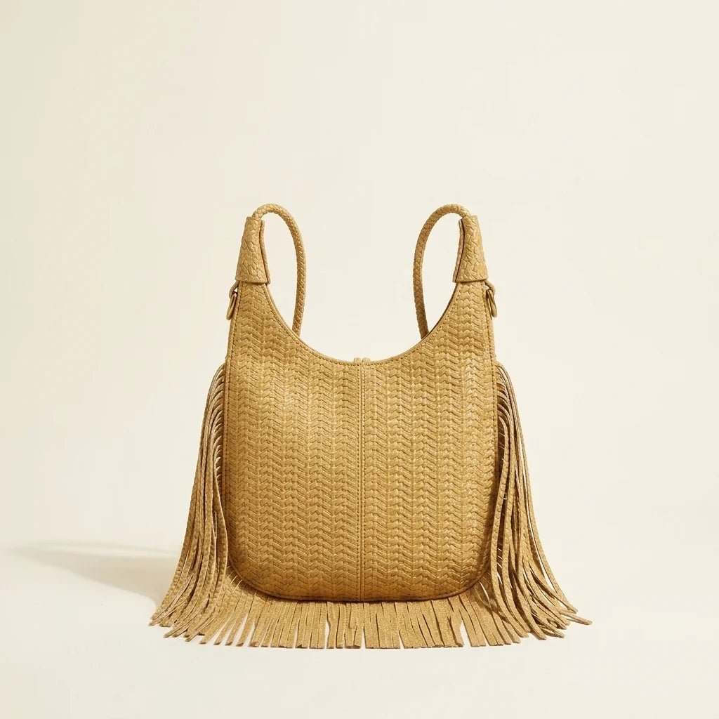 Back panel of Khaki tassel fringe hobo bag with strap attachments