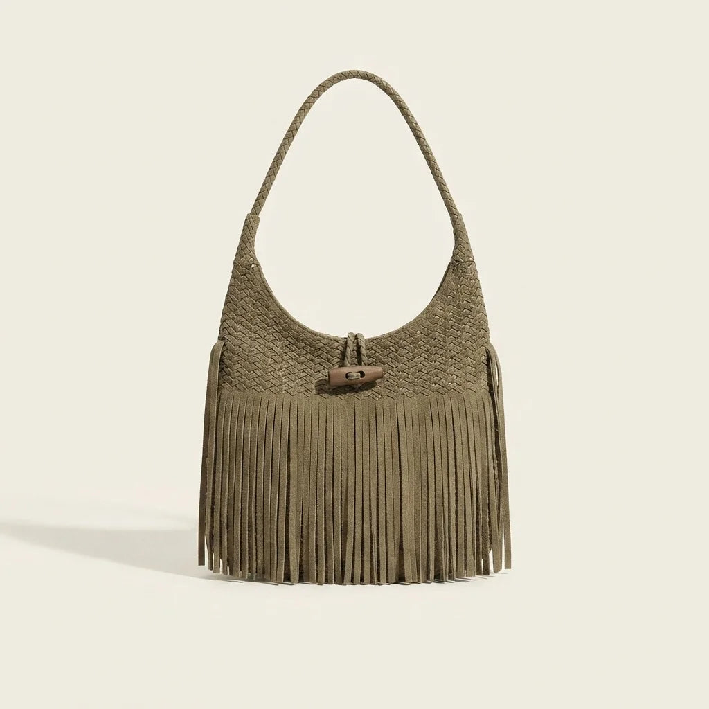 Khaki tassel fringe hobo bag, front view