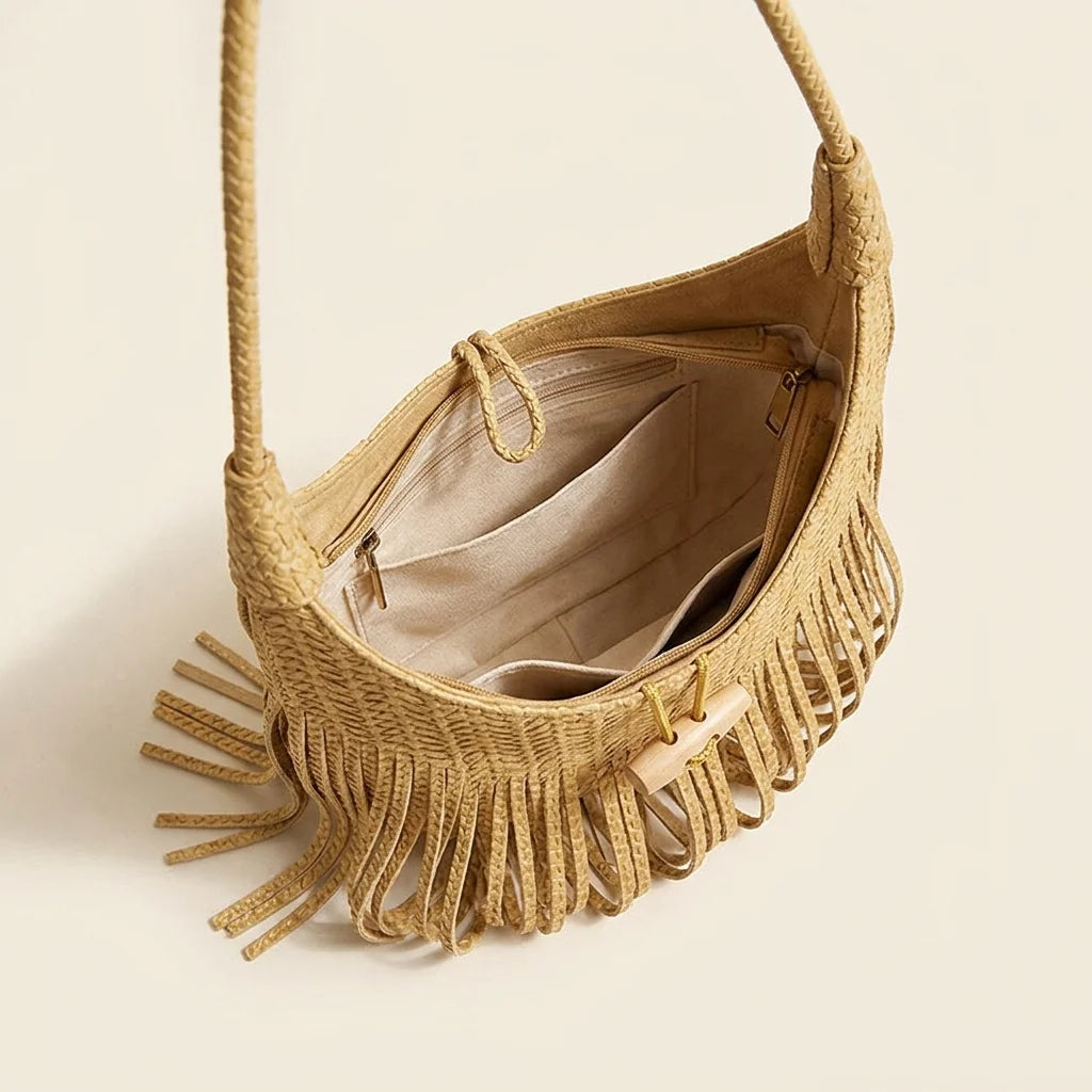 Interior lining and pockets of Khaki tassel fringe hobo bag