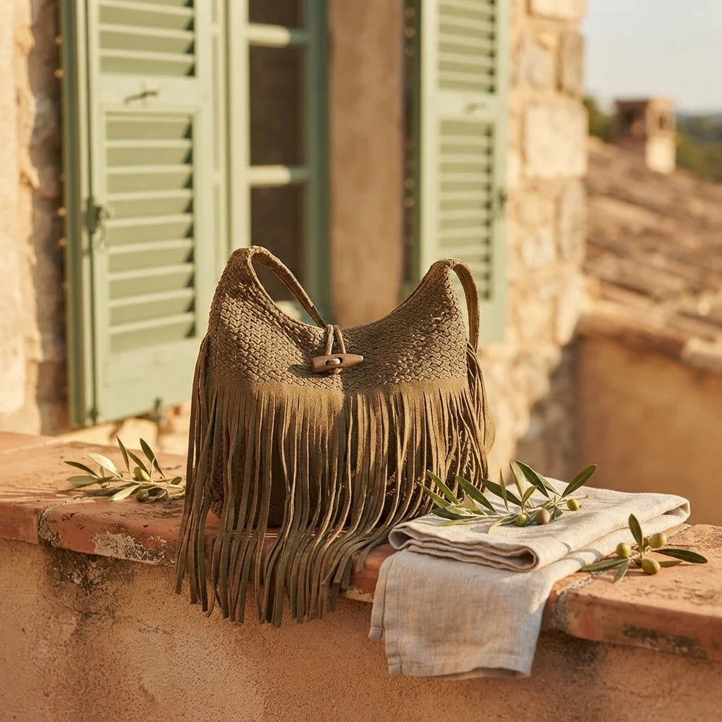 Khaki tassel fringe hobo bag styled in a warm Mediterranean setting