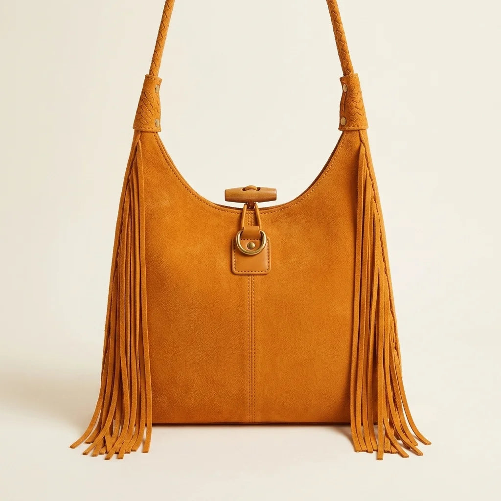 Back panel of Orange tassel fringe hobo bag with strap attachments