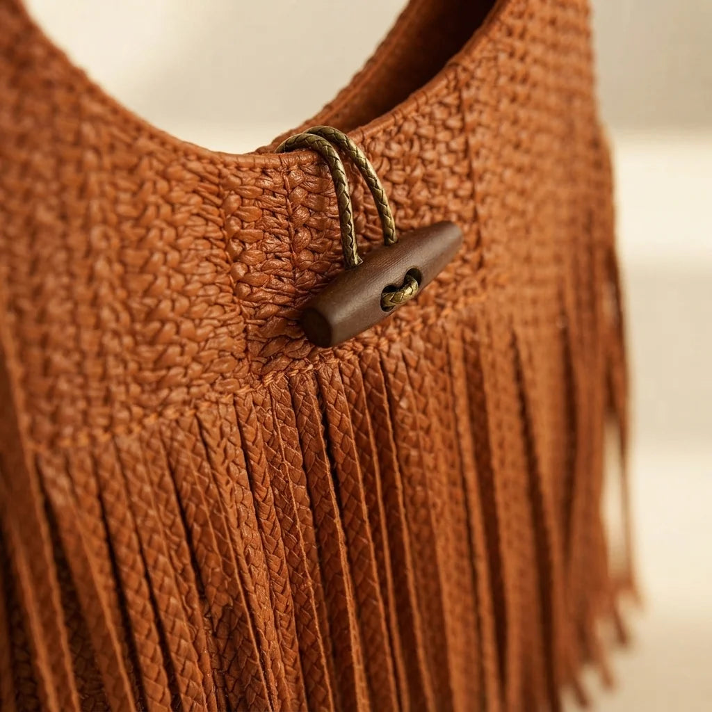 Close-up of fringe stitching and texture on Orange tassel fringe hobo bag