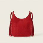 Back panel of Red tassel fringe hobo bag with strap attachments